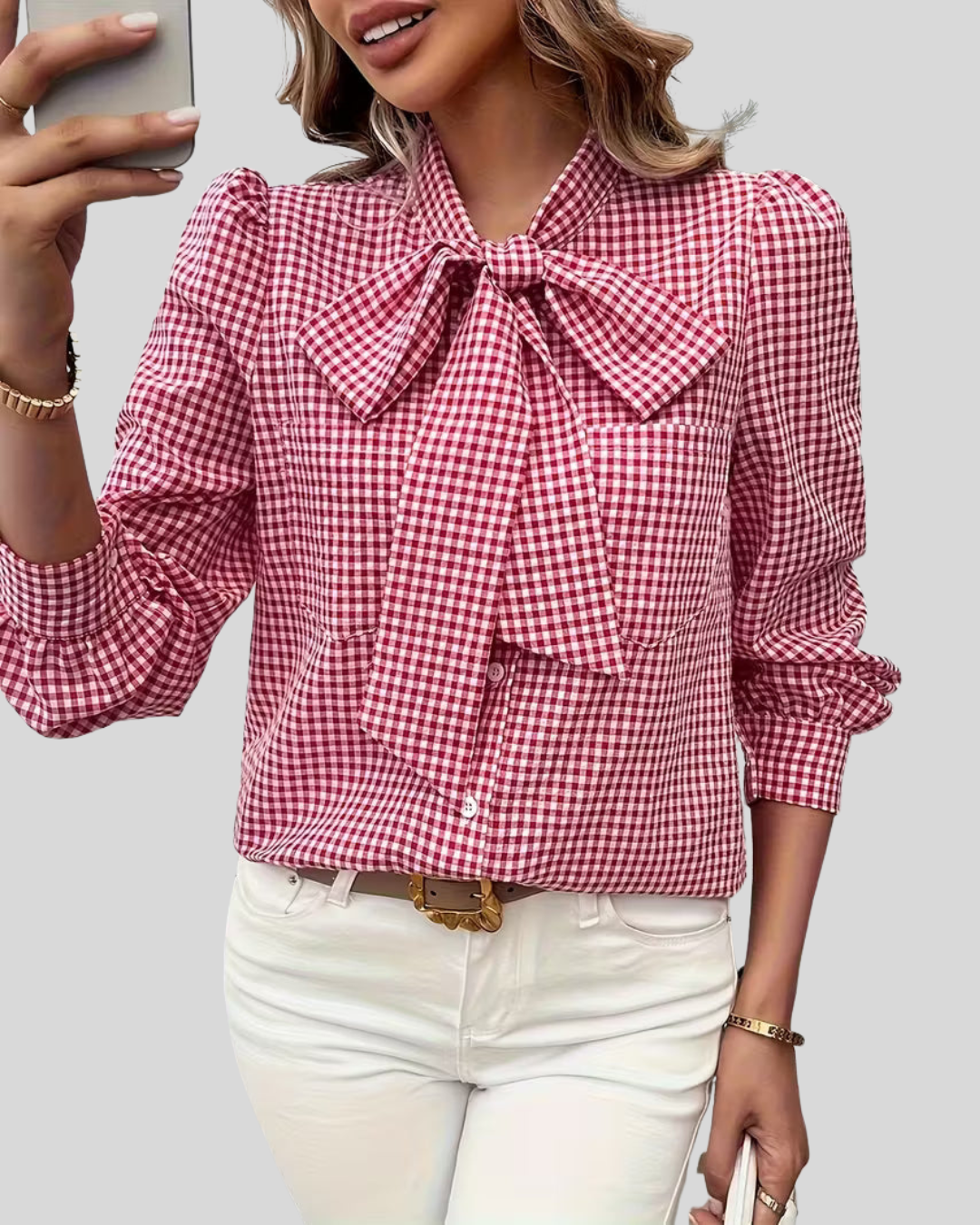 Meella | Elegant Gingham Check Bow Tie Blouse