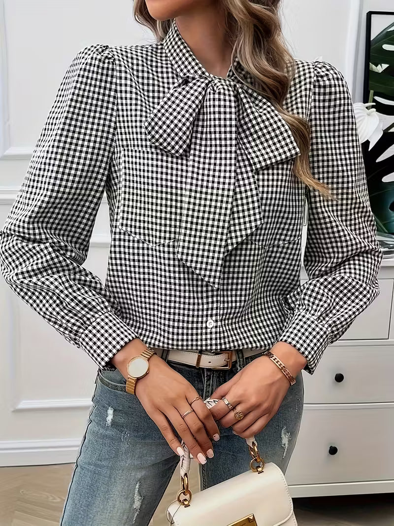 Meella | Elegant Gingham Check Bow Tie Blouse